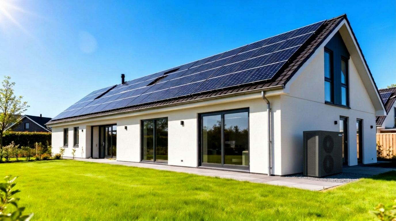 Moderne woning met zonnepanelen en Ventus 060 warmtepomp