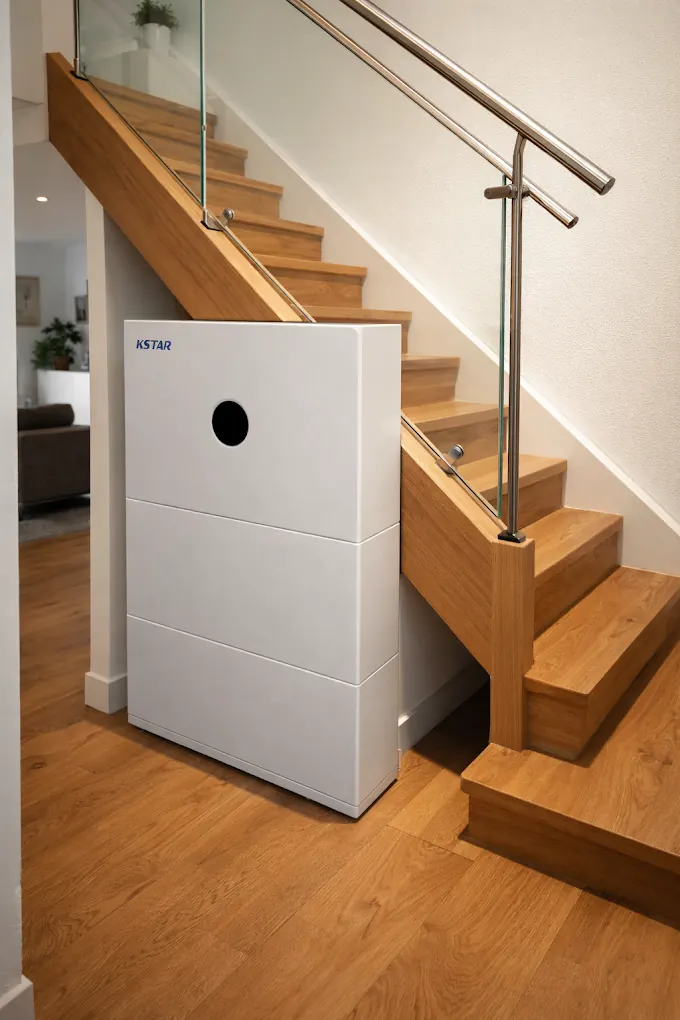 KSTAR thuisbatterij naast trap in woonkamer
